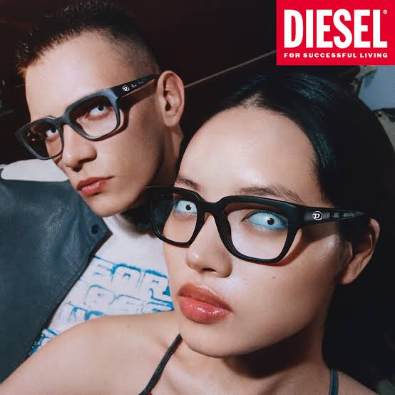 Two models wearing bold black Diesel optical frames